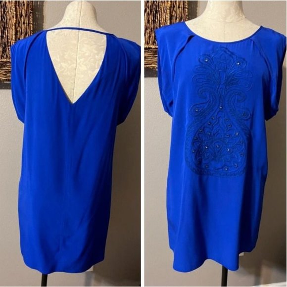 Anthropologie TIBI Dress Cobalt Blue 8 Silk Beaded Shift Short Sleeve V Back - Picture 3 of 10